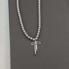 Vintage Grey Pearl Bowknot Pendant Necklace