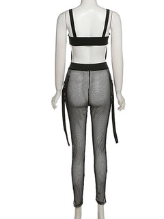 See Through Mesh Crop Top and Trousers Two Piece Set Casual Streetwear 2022