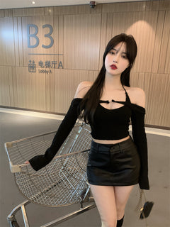 Off Shoulder Tops Women Skinny Slash Neck Halterneck Knitted Shirts y2k Summer 2022