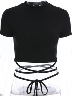 Summer Women Black Short T-Shirts Sexy Crop Tops Short Sleeve Bandage Tee Tops Female Shirts
