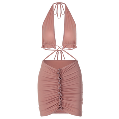 Ruffled Solid Halter Hollow Out Sleeveless Crop Top Pleated Skirts 2 Pieces Set