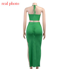 Cryptographic Bandage Cut Out Sexy Halter Neck Top and Skirts Set Gathered Elegant
