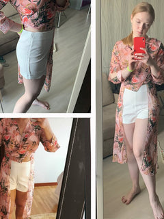 Women Casual Two Piece Set Long Sleeve V Neck Asymmetrical Chiffon Shirt
