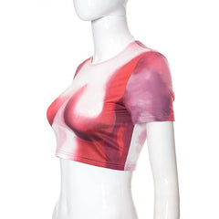 Tie Dye Print O Neck Short Sleeves Crop Top T Shirt Slim