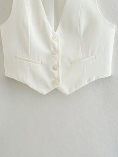 Vintage V Neck Sleeveless Female Outerwear White Chic Vests