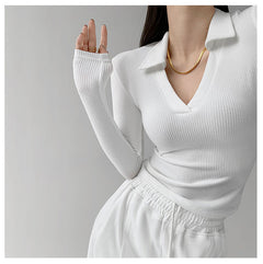 Sexy V-Neck Slim Fitness Women's T-Shirt Long Sleeve Polo Shirt Woman High Waist Cropped Tops