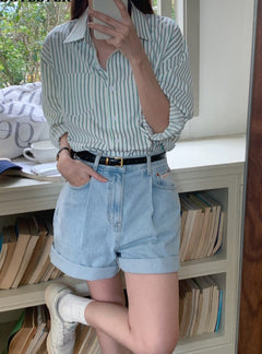 Spring Autumn Striped Blouses Long Sleeve Single-breasted Pocket Women Shirts Tops