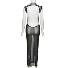 Mesh O Neck Long Sleeves Backless Lace Up See Through Sexy Bodycon Maxi Dress
