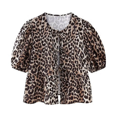 Leopard Blouse Puff Sleeve Crop Top Women's Summer Clothing