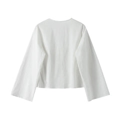 Cotton Linen Lace Up Bow Shirts Women Loose Hollow Out V Neck Long Sleeve Tops