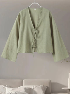 Cotton Linen Lace Up Bow Shirts Women Loose Hollow Out V Neck Long Sleeve Tops