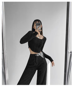 Fishbone Pattern Women's Long Sleeve T-shirt High Waist Slim Square Collar Tops Woman