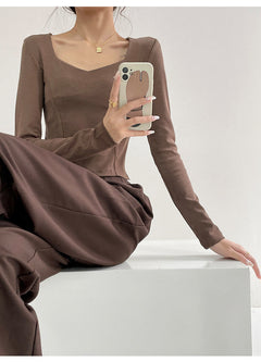 Fishbone Pattern Women's Long Sleeve T-shirt High Waist Slim Square Collar Tops Woman