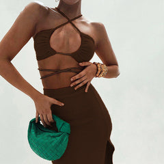 Cryptographic Bandage Cut Out Sexy Halter Neck Top and Skirts Set Gathered Elegant
