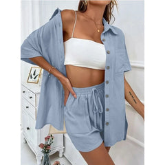Solid Color Casual Loose Short Pants Sets For Women