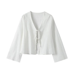 Cotton Linen Lace Up Bow Shirts Women Loose Hollow Out V Neck Long Sleeve Tops