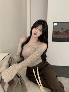Off Shoulder Tops Women Skinny Slash Neck Halterneck Knitted Shirts y2k Summer 2022