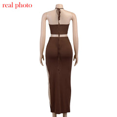 Cryptographic Bandage Cut Out Sexy Halter Neck Top and Skirts Set Gathered Elegant