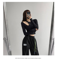 Hollow T-shirt Women Fashion Slim Y2K Cropped Tops Off Shoulder Long Sleeve Tees Woman