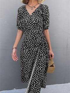Woman Short Sleeve V Neck Chiffon Wrap Dresses Polka Dot Streetwear Elegant Midi Dress