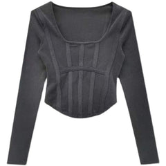 Fishbone Pattern Women's Long Sleeve T-shirt High Waist Slim Square Collar Tops Woman