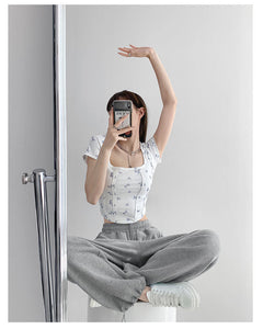 Summer Floral Cropped Top Women Slim Square Neck Short Sleeve White T-shirts Female