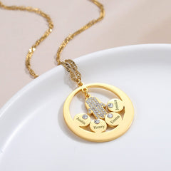 Round Family Name Necklace Hamsa Hand Stainless Steel Necklace Zircon Evil Eye Fatma's Hand