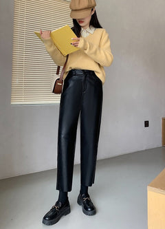 Spring Autumn PU Leather Pants Women High Waist Pockets Faux Leather Harem Pants