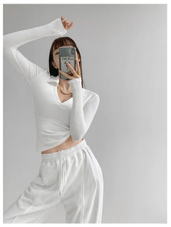 Sexy V-Neck Slim Fitness Women's T-Shirt Long Sleeve Polo Shirt Woman High Waist Cropped Tops