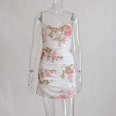 Floral Print Women Mesh Strap Mini Dress Ruched Bodycon Sexy Streetwear Summer Clothes
