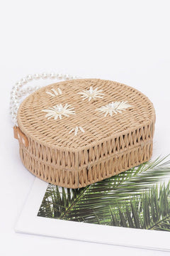Faux Straw Handmade Clutch W/pearl Handle