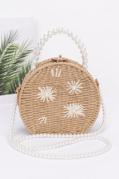 Faux Straw Handmade Clutch W/pearl Handle