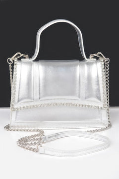 Faux Metallic Leather Top Handle Bag/w Stones