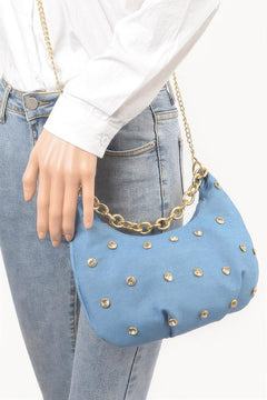 Denim Stone Stud Chain Handle Bag