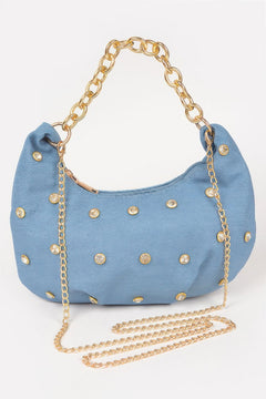 Denim Stone Stud Chain Handle Bag