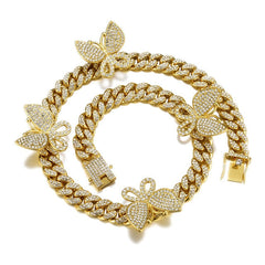 Gold Necklace +Watch+Bracelet Miami Curb Cuban Chain Gold Full Iced Out Paved Rhinestones CZ Bling