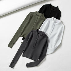 High Neck Zipper Front Knitted Sweater Women Solid Basic Cropped Pullover